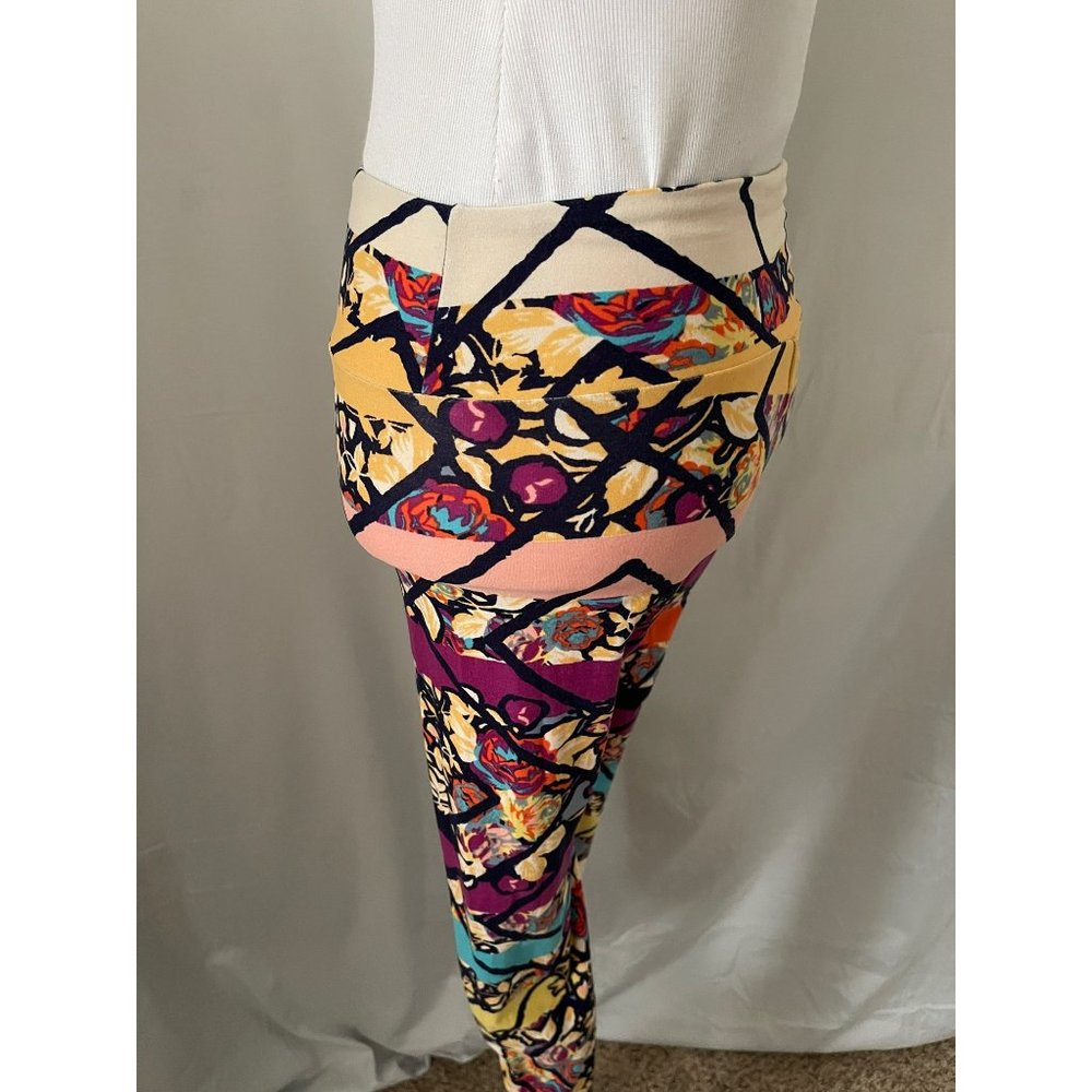 LuLaRoe Striped Rose Diamond Print Colorful Soft Stretch Leggings/Pants - Picture 8 of 8